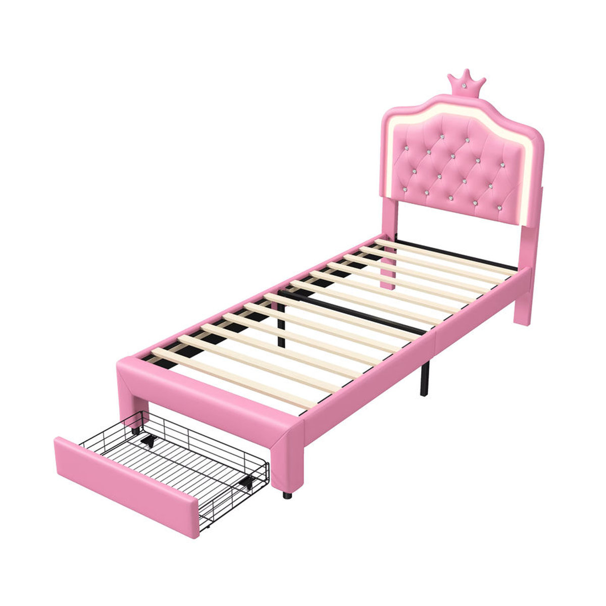 Rosahqnda Kinderpolsterbett mit LED-Lichtleiste und Schubladen in Rosa und Weiß, Material: Kunstleder, B/T/H: 200 x 90 x 90 cm - Bild 5