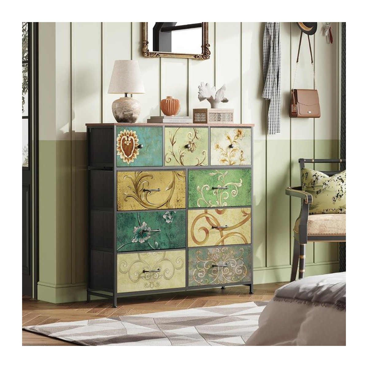 Rosahqnda Kommode mit 5 Schubladen im Bohemian Design als Schminktisch mit Holzplatte, Stoffschubladen und Metallrahmen, Bunt - Bild 1