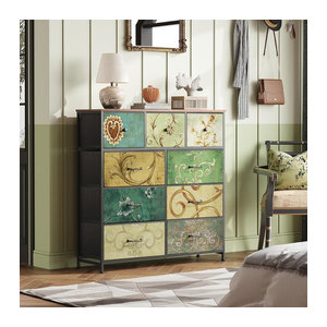Rosahqnda Kommode mit 5 Schubladen im Bohemian Design als Schminktisch mit Holzplatte, Stoffschubladen und Metallrahmen, Bunt
