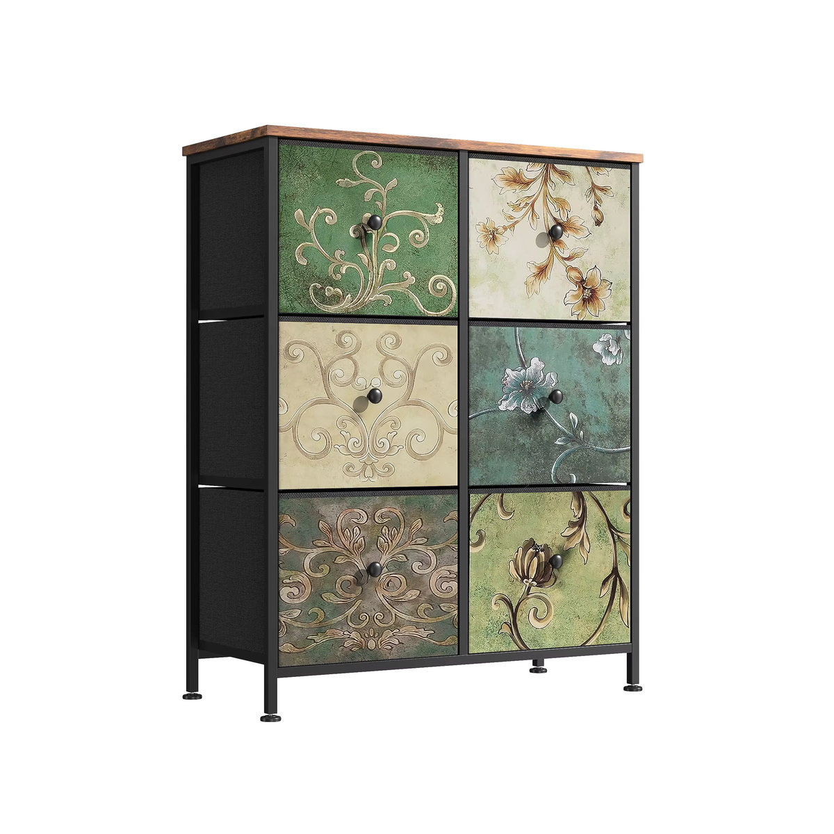 Rosahqnda Kommode mit 5 Schubladen im Bohemian Design als Schminktisch mit Holzplatte, Stoffschubladen und Metallrahmen, Bunt - Bild 3