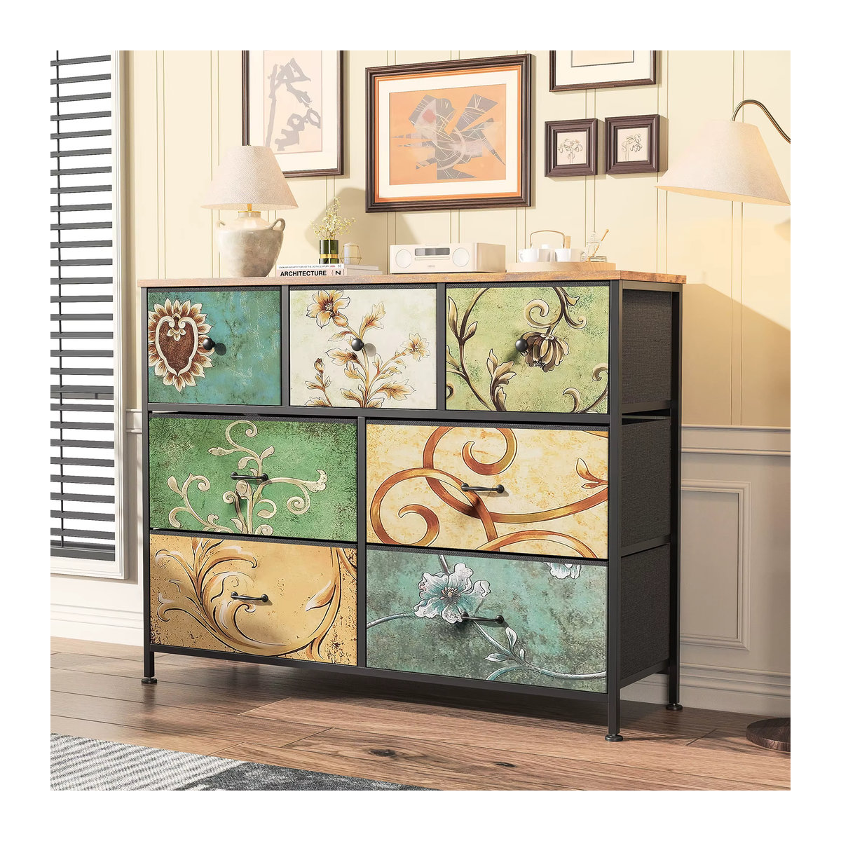 Rosahqnda Kommode mit 5 Schubladen im Bohemian Design als Schminktisch mit Holzplatte, Stoffschubladen und Metallrahmen, Bunt - Bild 4