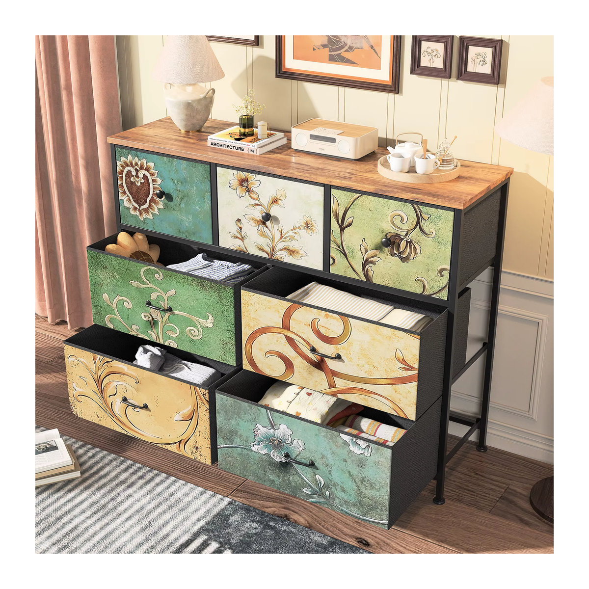 Rosahqnda Kommode mit 5 Schubladen im Bohemian Design als Schminktisch mit Holzplatte, Stoffschubladen und Metallrahmen, Bunt - Bild 5