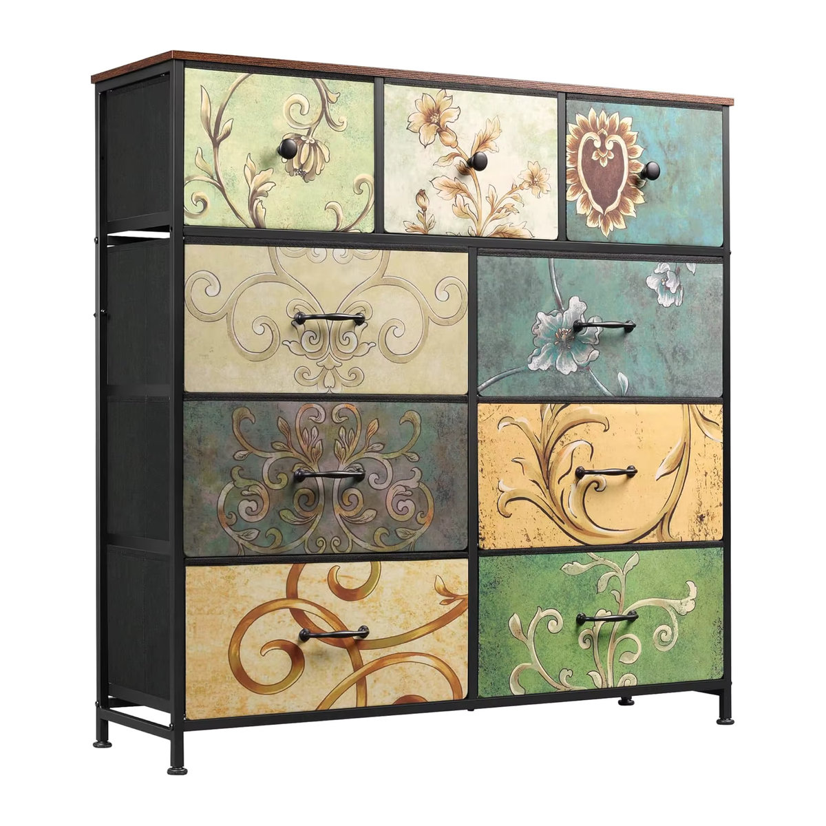 Rosahqnda Kommode mit 5 Schubladen im Bohemian Design als Schminktisch mit Holzplatte, Stoffschubladen und Metallrahmen, Bunt - Bild 6