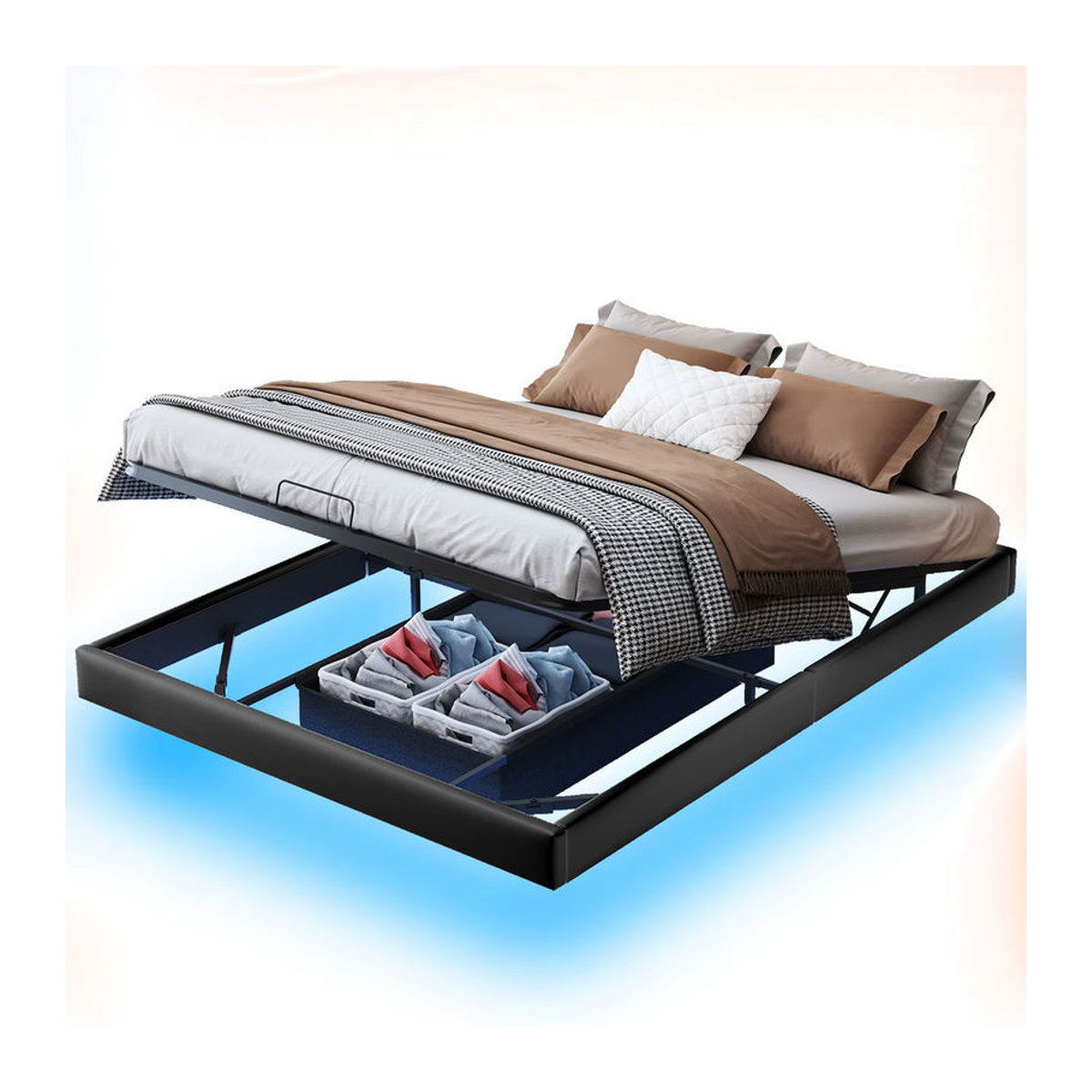 Rosahqnda LED-Schwebebett Polsterbett mit Stauraum und Lattenrost aus Kunstleder in Schwarz, B/T/H: 160 x 160 x 200 cm - Bild 1