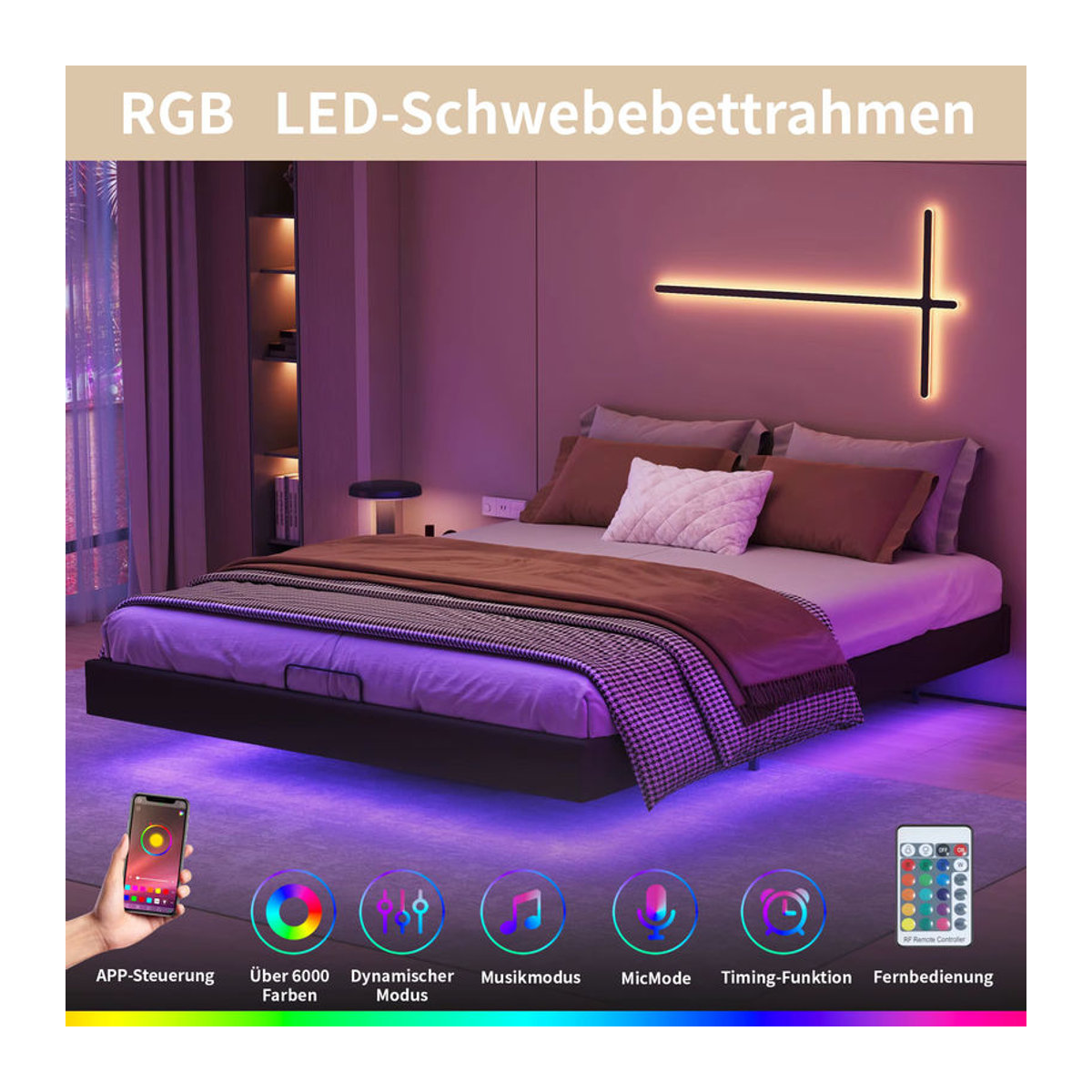 Rosahqnda LED-Schwebebett Polsterbett mit Stauraum und Lattenrost aus Kunstleder in Schwarz, B/T/H: 160 x 160 x 200 cm - Bild 3