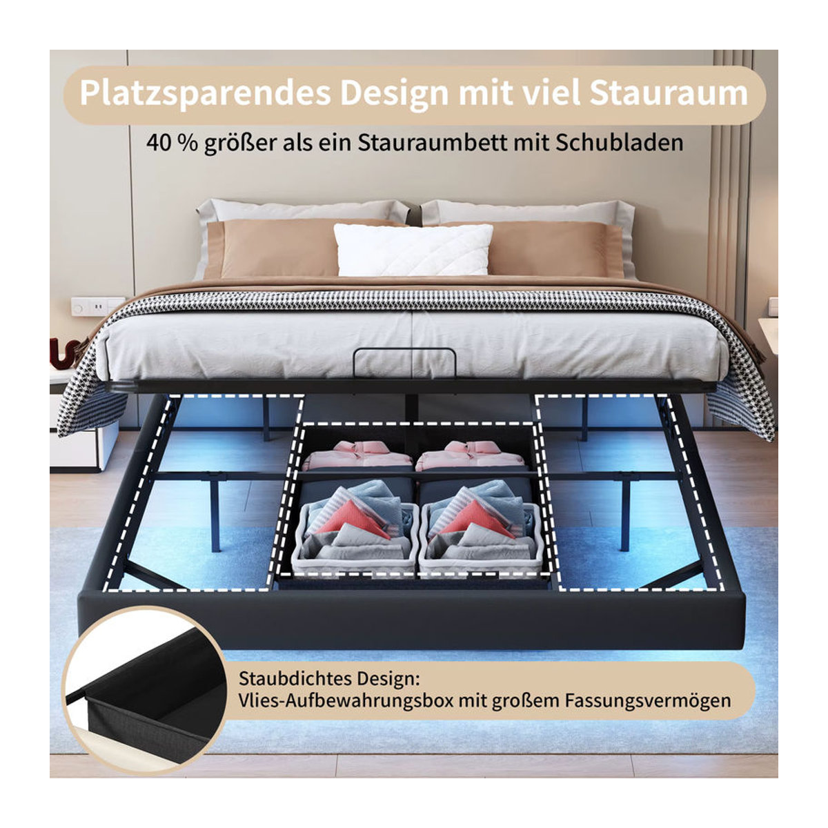 Rosahqnda LED-Schwebebett Polsterbett mit Stauraum und Lattenrost aus Kunstleder in Schwarz, B/T/H: 160 x 160 x 200 cm - Bild 4
