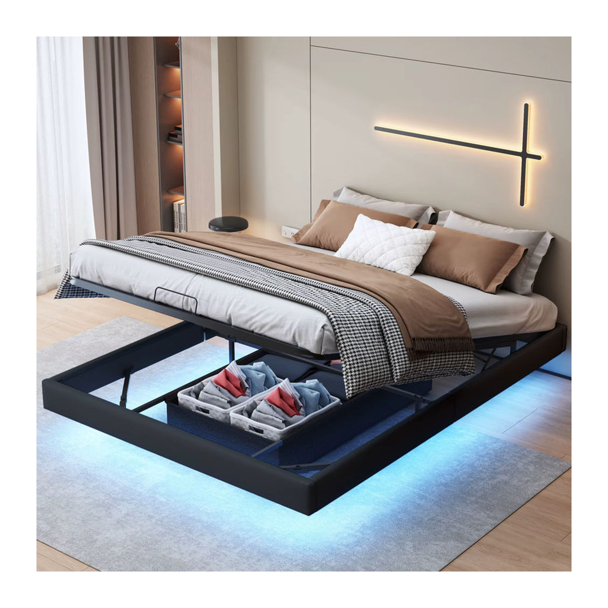 Rosahqnda LED-Schwebebett Polsterbett mit Stauraum und Lattenrost aus Kunstleder in Schwarz, B/T/H: 160 x 160 x 200 cm - Bild 5