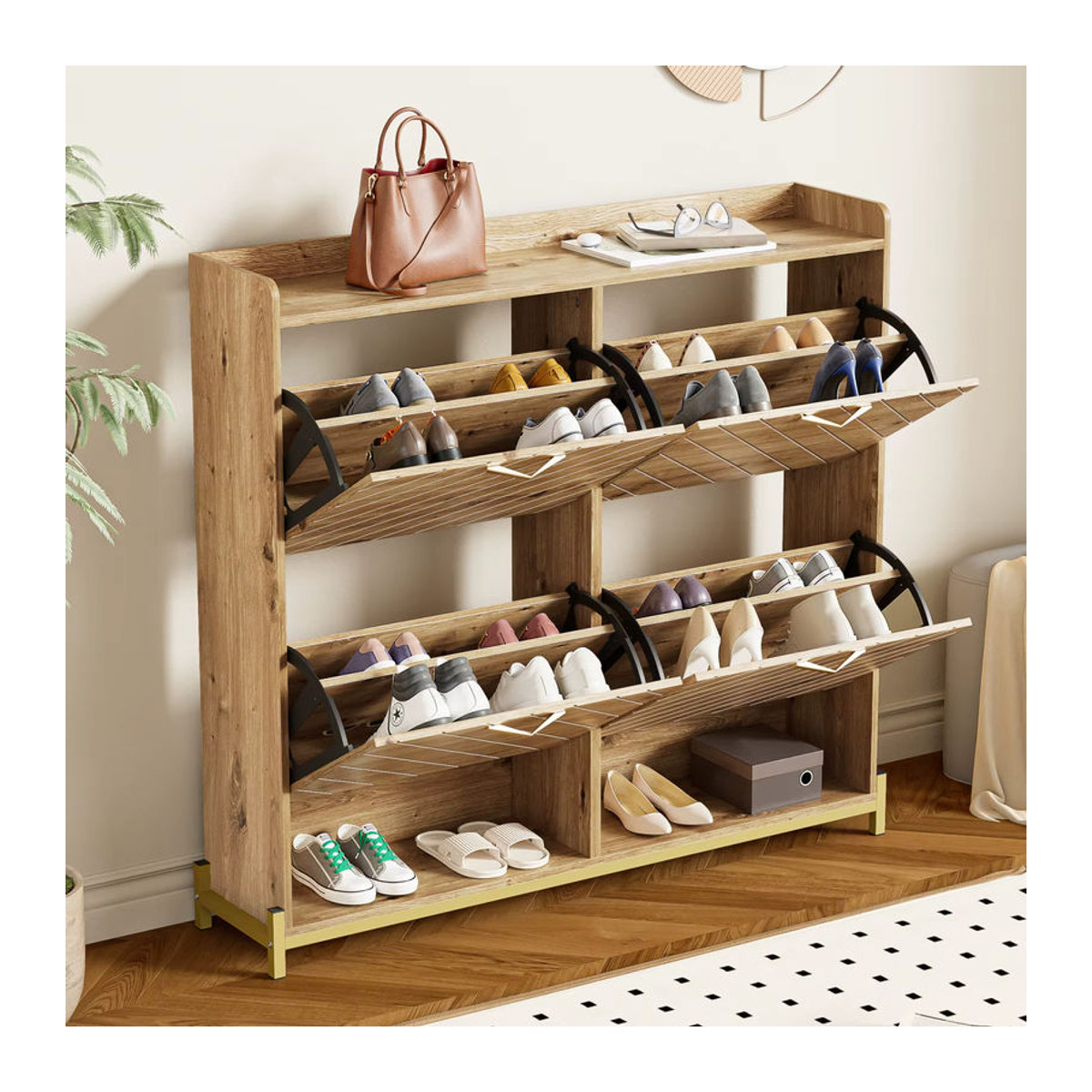 Rosahqnda Modernes Schuhregal in Holzoptik mit 4 Drehtüren in Natur - Bild 1
