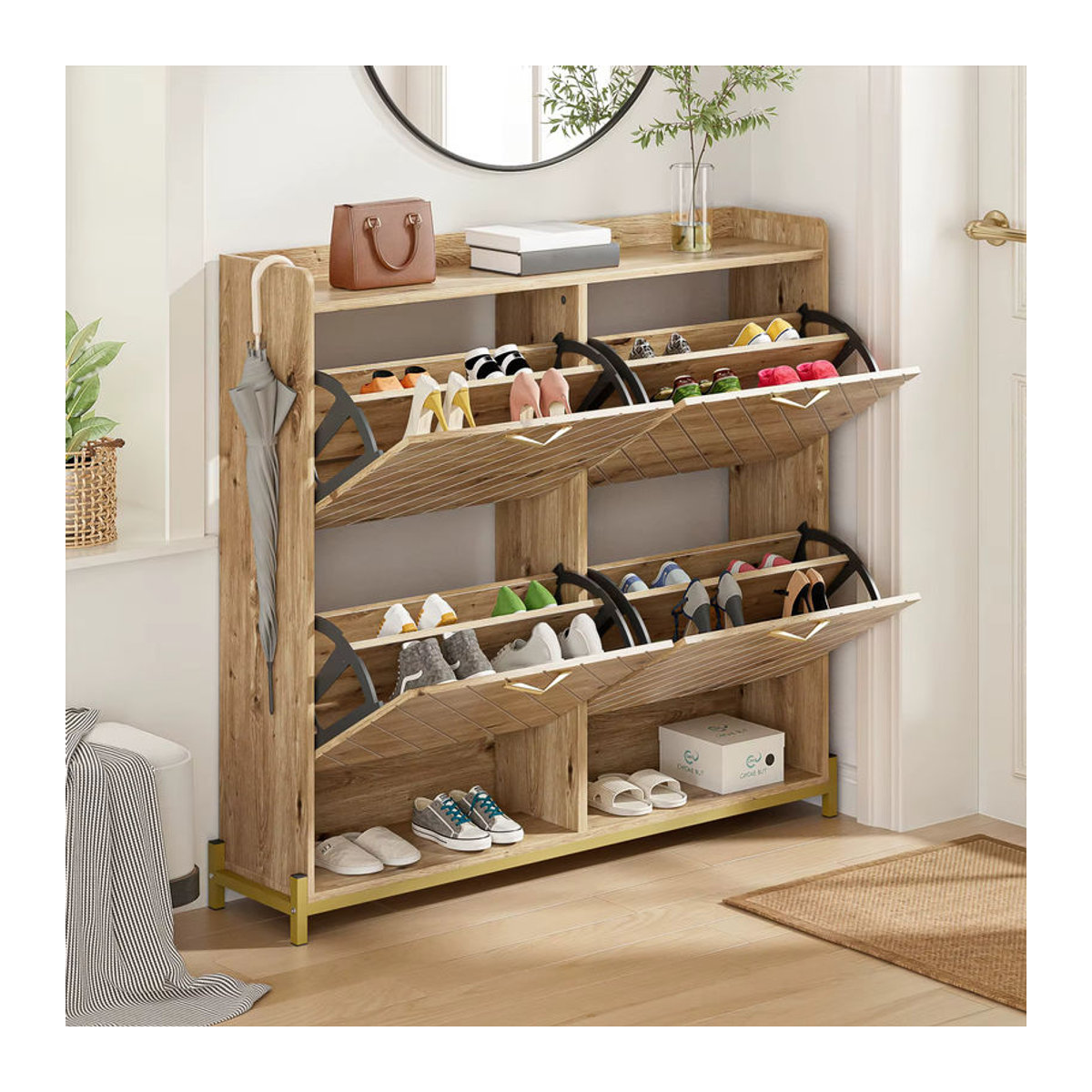 Rosahqnda Modernes Schuhregal in Holzoptik mit 4 Drehtüren in Natur - Bild 3