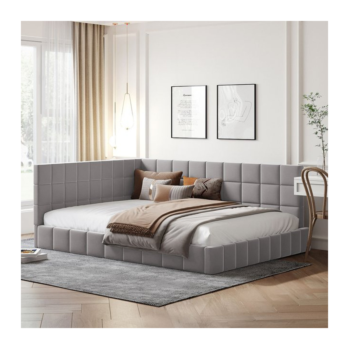 Rosahqnda Multifunktions-Polsterbett als Schlafsofa mit Lattenrost aus Samtstoff in Beige und Grau, B/T/H: 140 x 200 cm - Bild 1