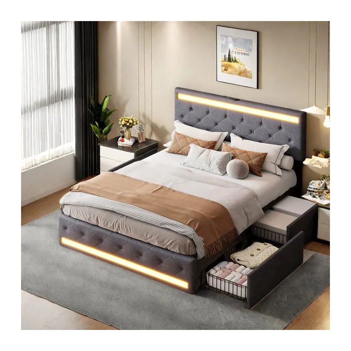 Rosahqnda Polsterbett aus Leinen in Grau mit LED, USB-Anschluss und 4 Schubladen für zusätzlichen Stauraum, B/T/H: 140 x 200 cm - Bild 1