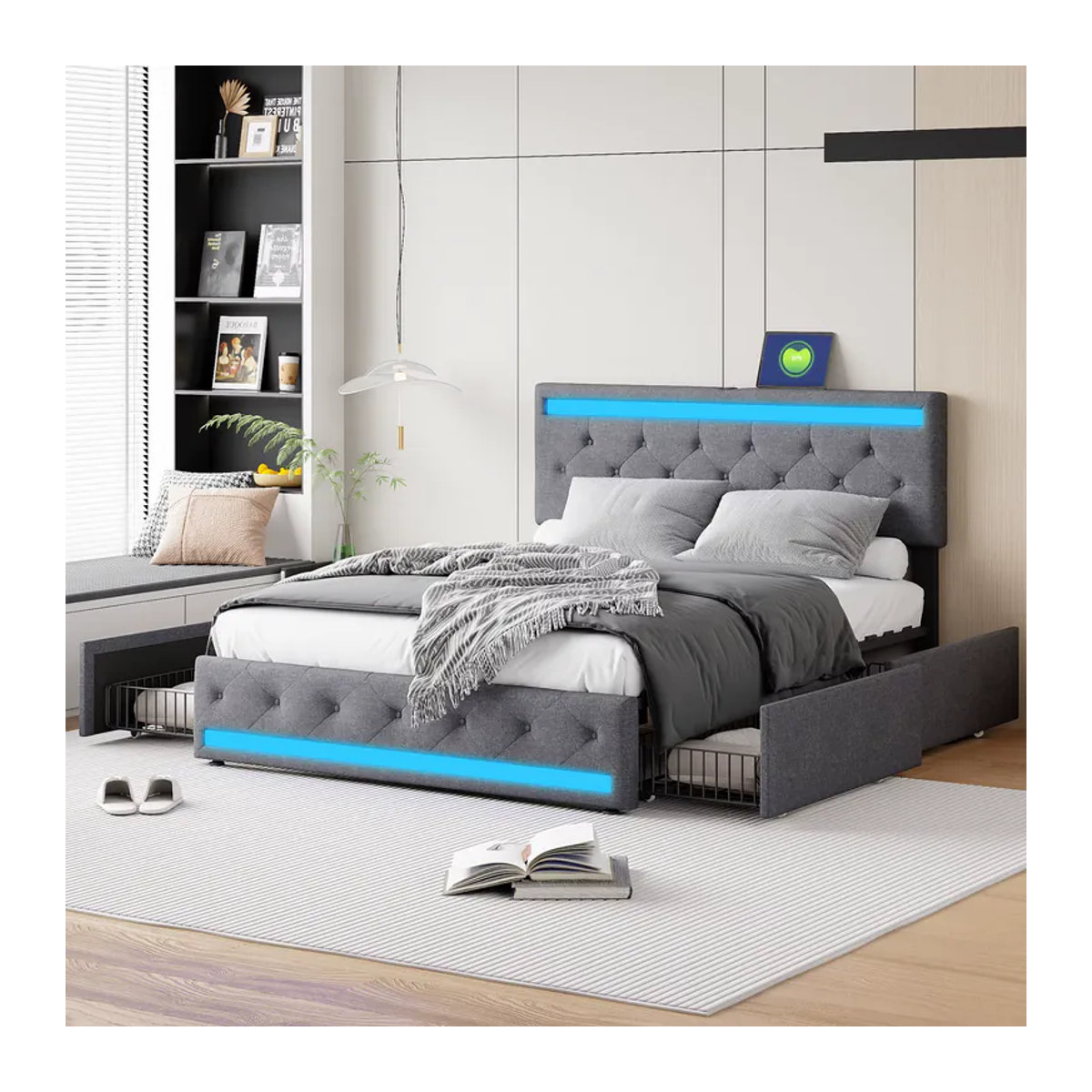 Rosahqnda Polsterbett aus Leinen in Grau mit LED, USB-Anschluss und 4 Schubladen für zusätzlichen Stauraum, B/T/H: 140 x 200 cm - Bild 2