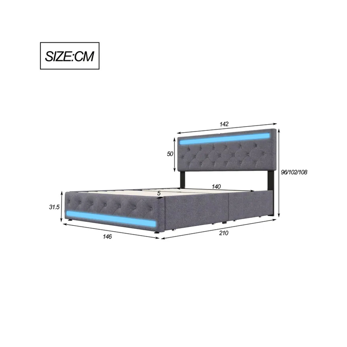 Rosahqnda Polsterbett aus Leinen in Grau mit LED, USB-Anschluss und 4 Schubladen für zusätzlichen Stauraum, B/T/H: 140 x 200 cm - Bild 3