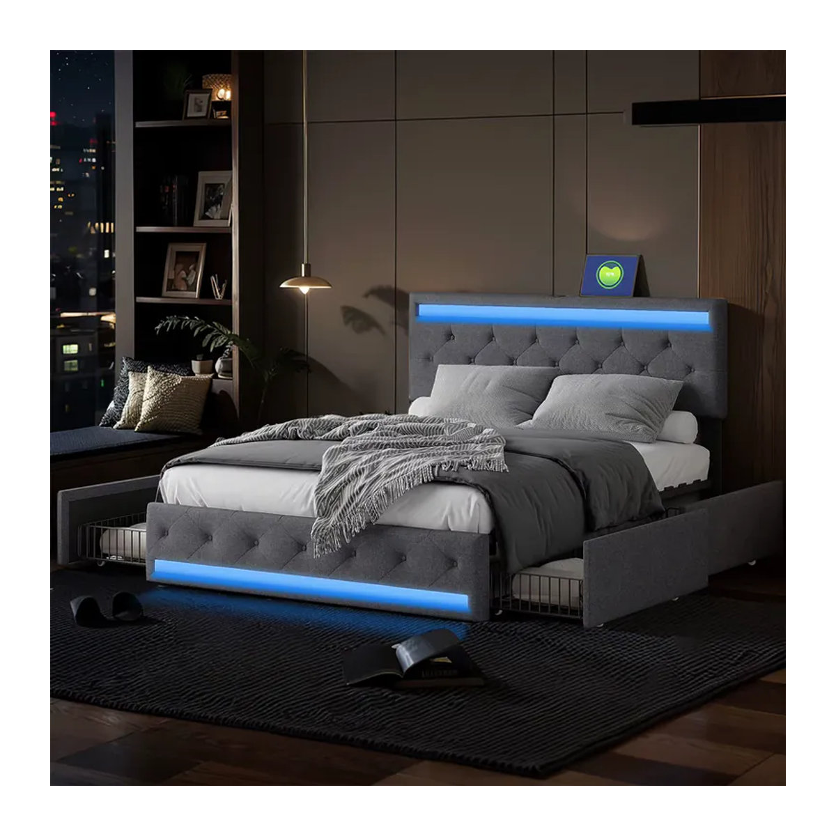 Rosahqnda Polsterbett aus Leinen in Grau mit LED, USB-Anschluss und 4 Schubladen für zusätzlichen Stauraum, B/T/H: 140 x 200 cm - Bild 4
