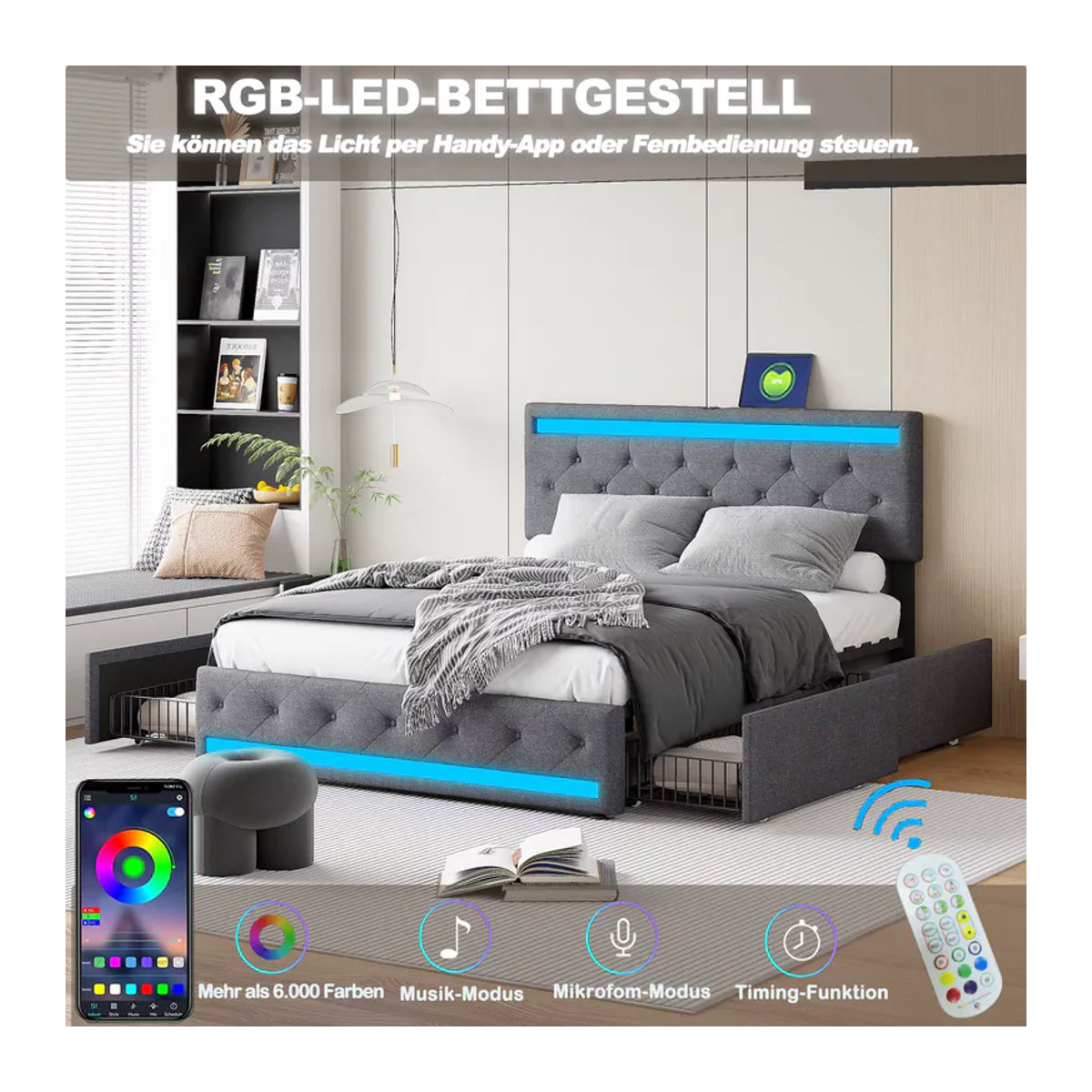 Rosahqnda Polsterbett aus Leinen in Grau mit LED, USB-Anschluss und 4 Schubladen für zusätzlichen Stauraum, B/T/H: 140 x 200 cm - Bild 5