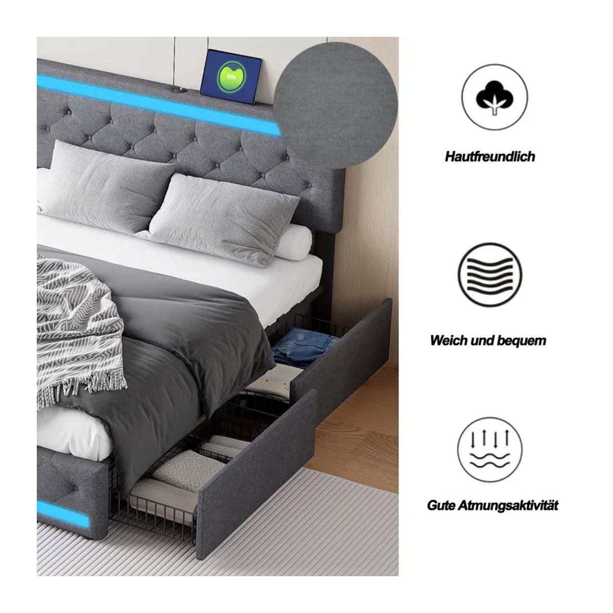 Rosahqnda Polsterbett aus Leinen in Grau mit LED, USB-Anschluss und 4 Schubladen für zusätzlichen Stauraum, B/T/H: 140 x 200 cm - Bild 6