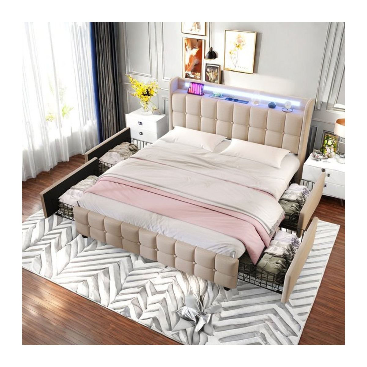 Rosahqnda Polsterbett Doppelbett in Leinenoptik mit 4 Schubladen und Lattenrost, Farbe: Beige, B/T/H: 140 x 200 x 140 cm - Bild 1