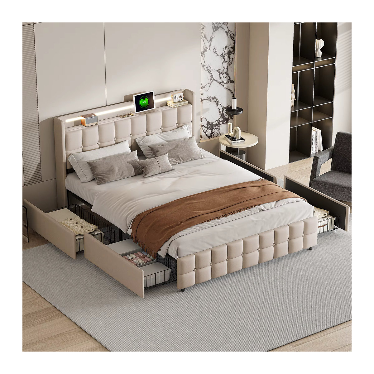 Rosahqnda Polsterbett Doppelbett in Leinenoptik mit 4 Schubladen und Lattenrost, Farbe: Beige, B/T/H: 140 x 200 x 140 cm - Bild 3