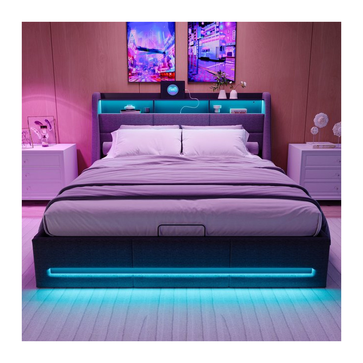 Rosahqnda Polsterbett Grau mit LED, USB und hydraulischem Stauraum im Kopfteil, Modernes Doppelbett für Teenager, B/T: 140 x 190 cm - Bild 1