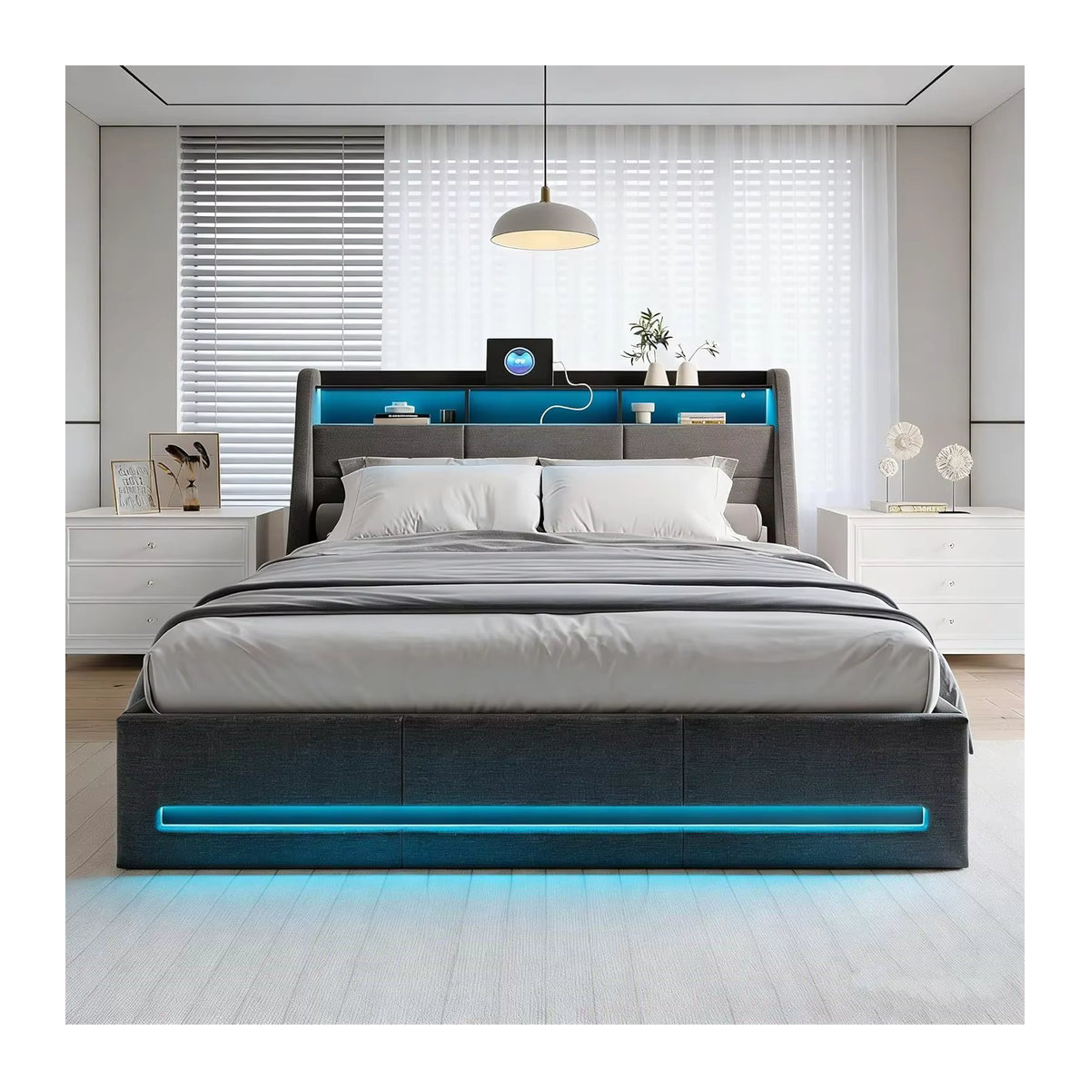 Rosahqnda Polsterbett Grau mit LED, USB und hydraulischem Stauraum im Kopfteil, Modernes Doppelbett für Teenager, B/T: 140 x 190 cm - Bild 2