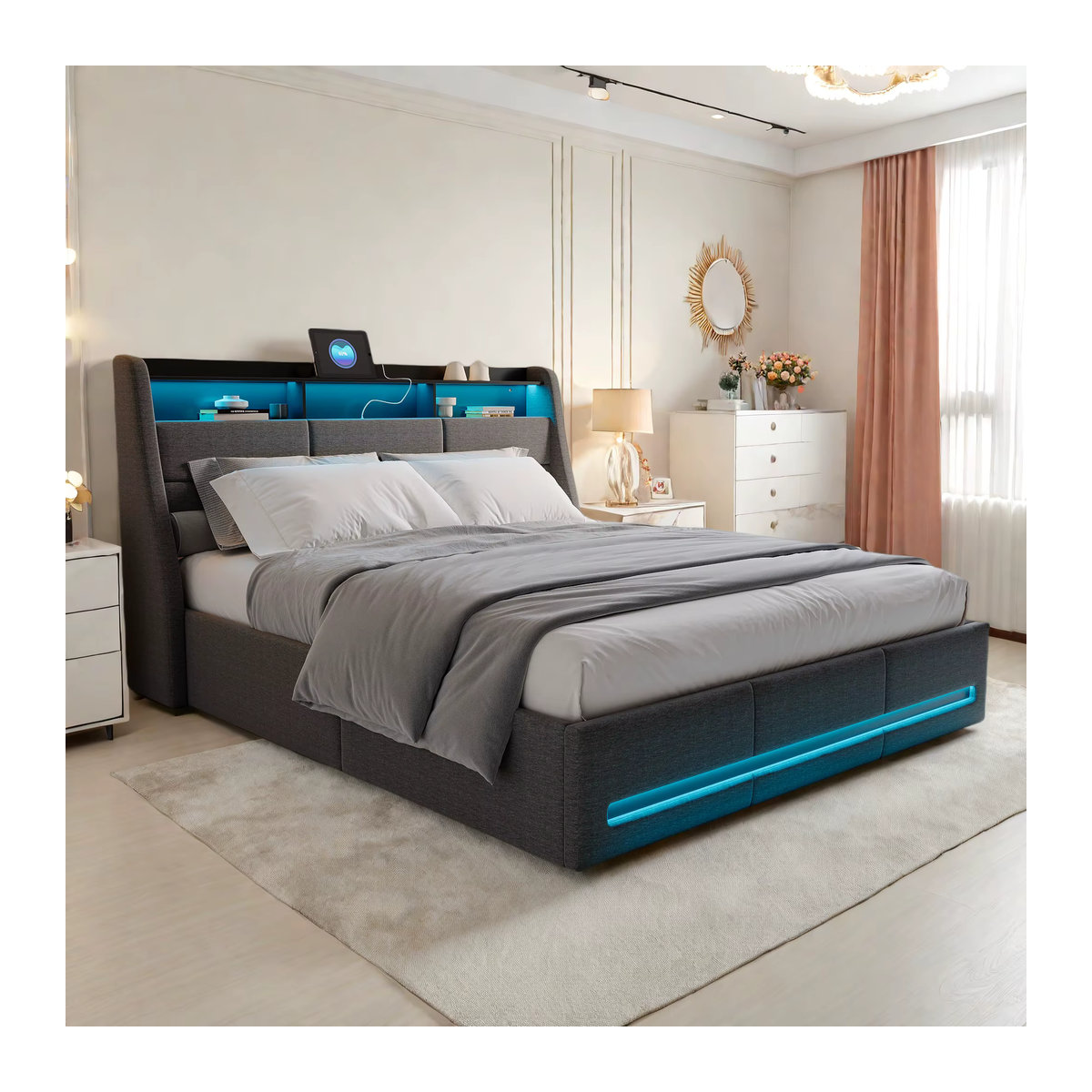 Rosahqnda Polsterbett Grau mit LED, USB und hydraulischem Stauraum im Kopfteil, Modernes Doppelbett für Teenager, B/T: 140 x 190 cm - Bild 4