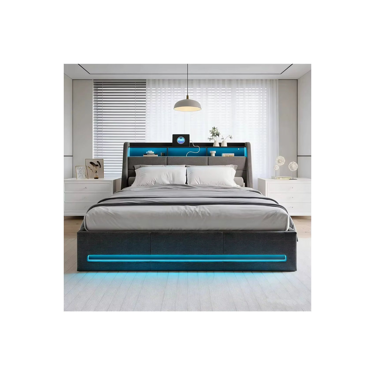 Rosahqnda Polsterbett Grau mit LED, USB und hydraulischem Stauraum im Kopfteil, Modernes Doppelbett für Teenager, B/T: 140 x 190 cm - Bild 7