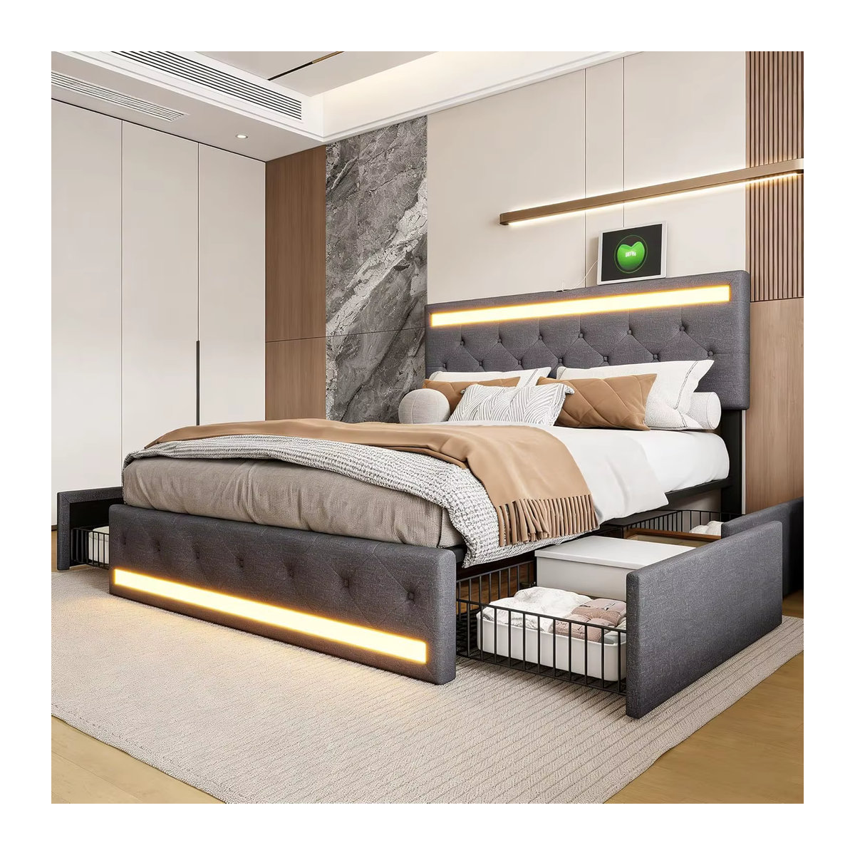 Rosahqnda Polsterbett in Grau mit Stauraum, LED, USB und 4 Schubladen, B/T: 160 x 200 cm - Bild 2