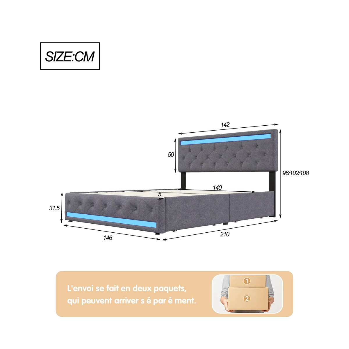Rosahqnda Polsterbett in Grau mit Stauraum, LED, USB und 4 Schubladen, B/T: 160 x 200 cm - Bild 3