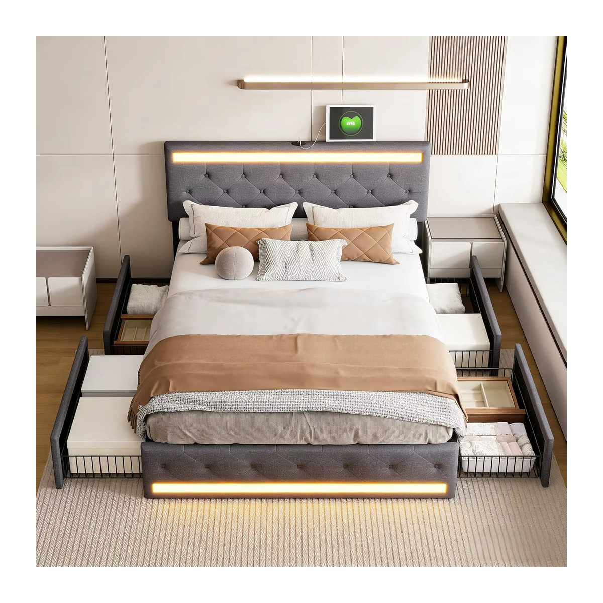 Rosahqnda Polsterbett in Grau mit Stauraum, LED, USB und 4 Schubladen, B/T: 160 x 200 cm - Bild 4