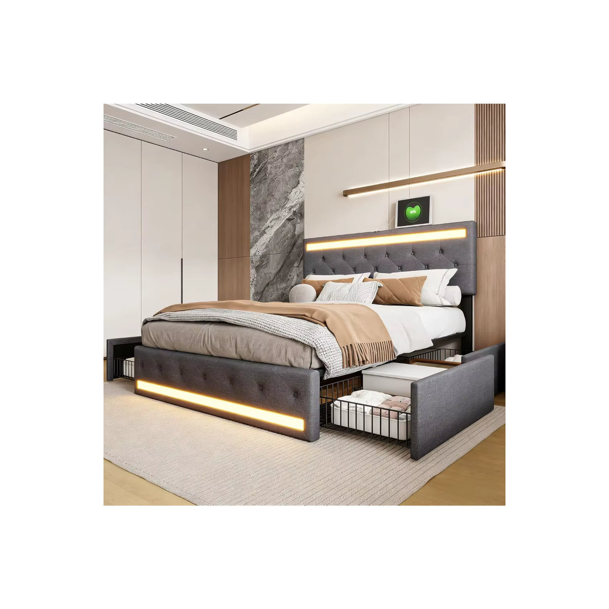Rosahqnda Polsterbett in Grau mit Stauraum, LED, USB und 4 Schubladen, B/T: 160 x 200 cm - Bild 5