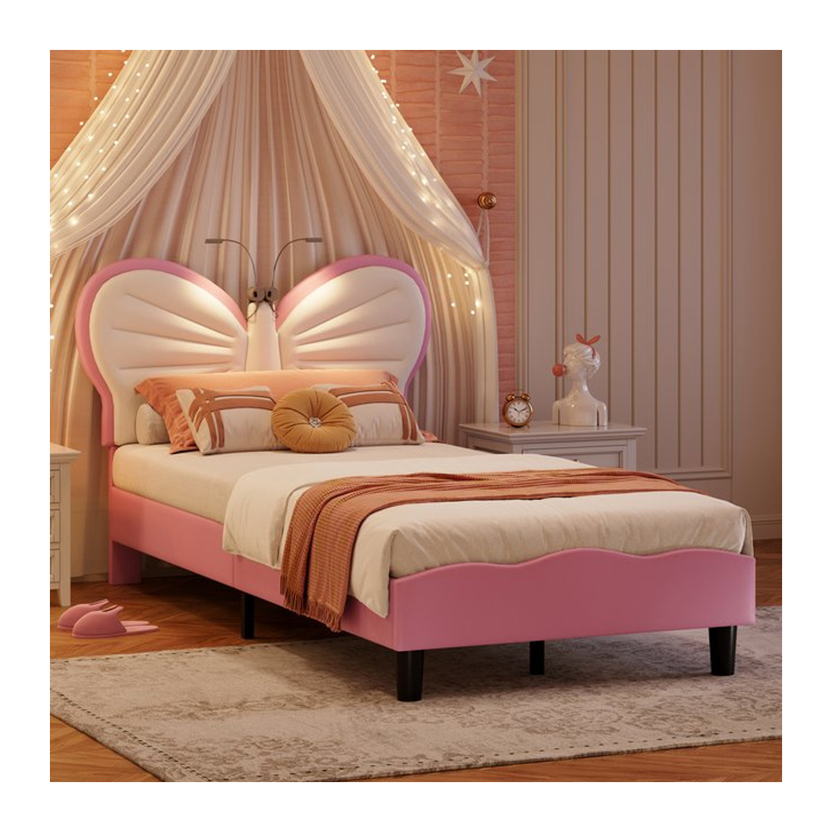 Rosahqnda Polsterbett in Rosa mit Schmetterlings-Design aus Kunstleder inklusive Leselampe und Lattenrost, B/T: 90 x 200 cm - Bild 1
