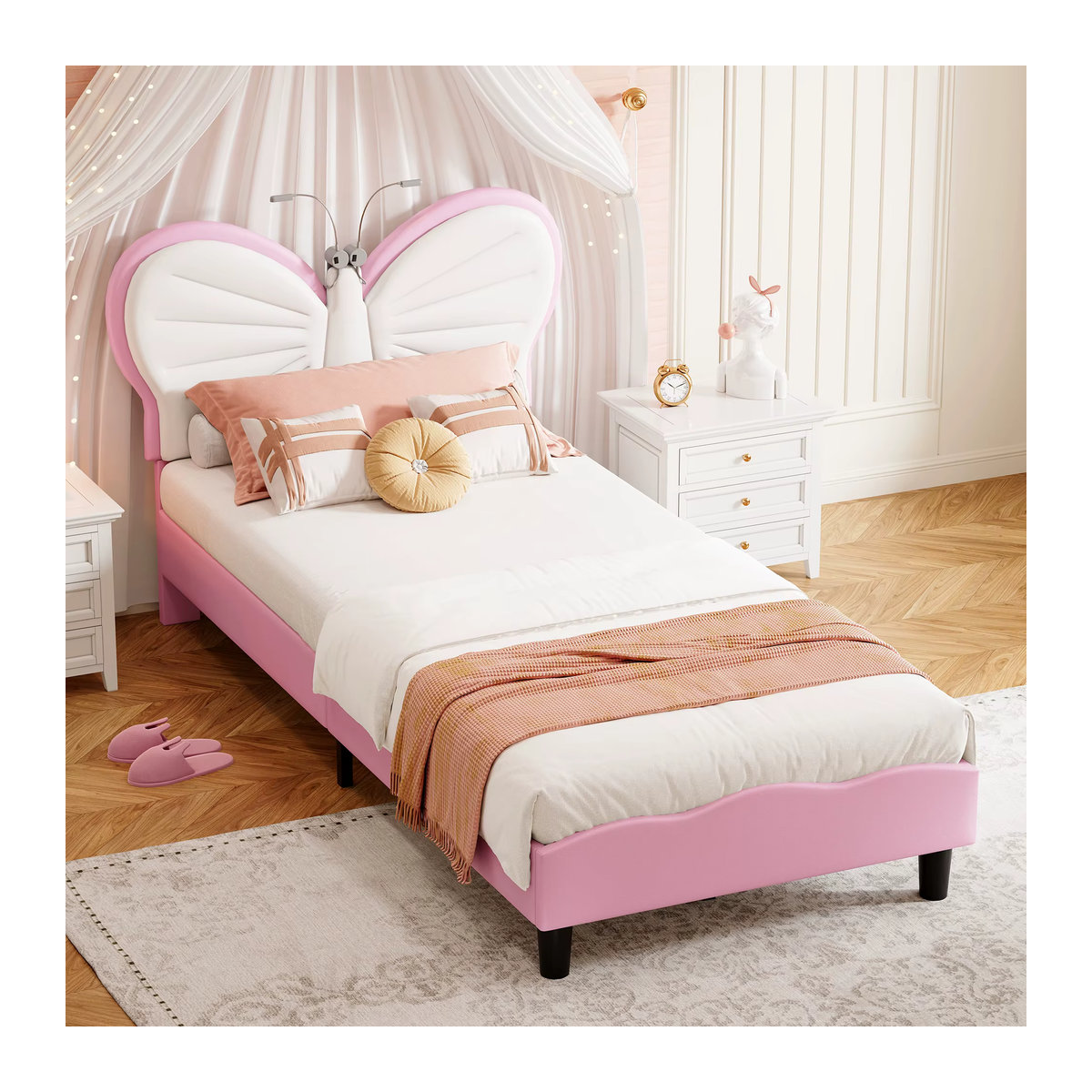 Rosahqnda Polsterbett in Rosa mit Schmetterlings-Design aus Kunstleder inklusive Leselampe und Lattenrost, B/T: 90 x 200 cm - Bild 3