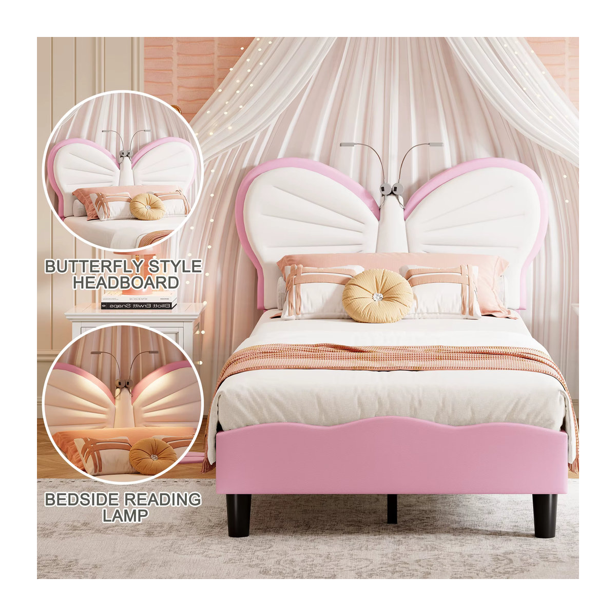 Rosahqnda Polsterbett in Rosa mit Schmetterlings-Design aus Kunstleder inklusive Leselampe und Lattenrost, B/T: 90 x 200 cm - Bild 4