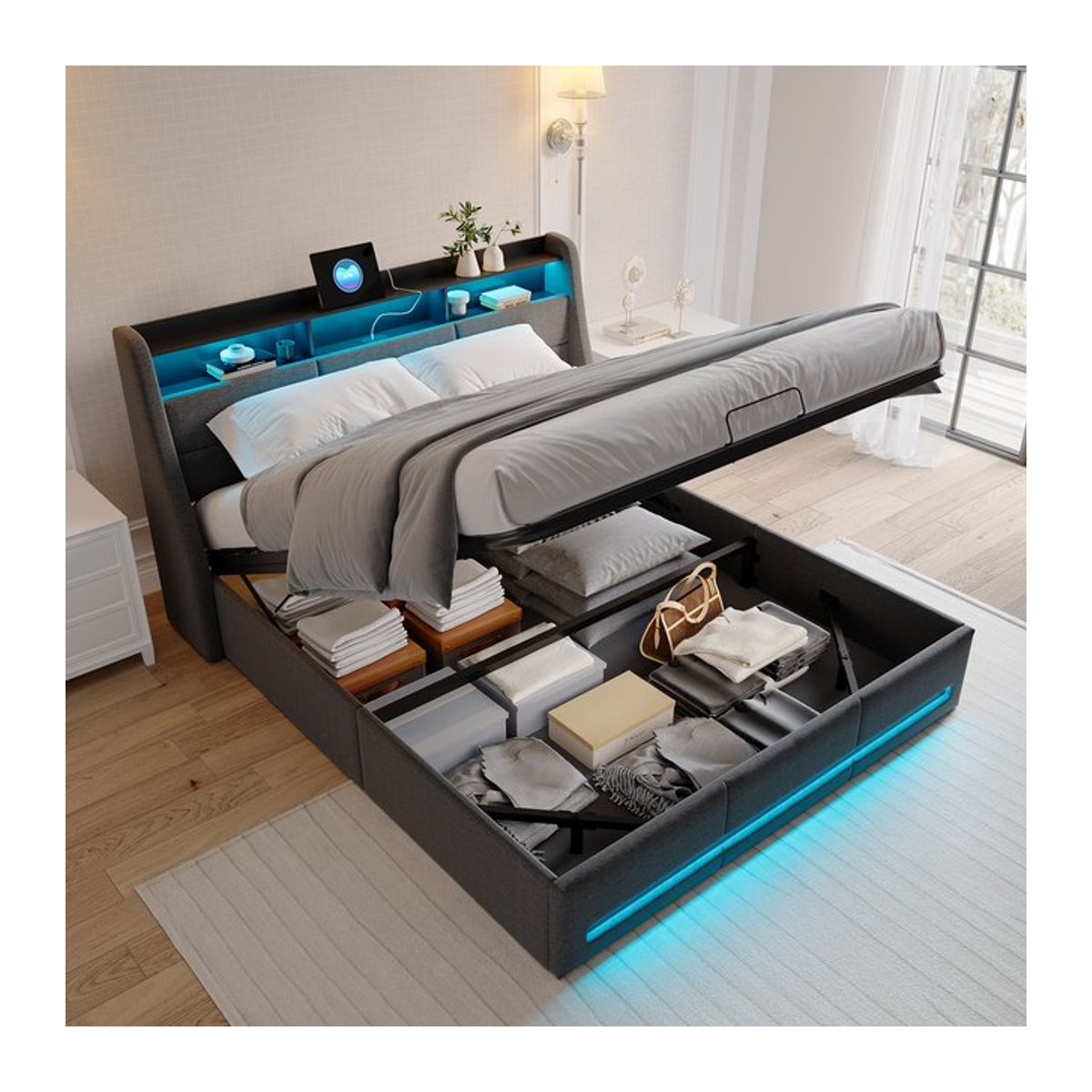 Rosahqnda Polsterbett in Rosa und Grau mit Stauraum, LED-Kopfteil und USB-Ladefunktion, B/T/H: 140 x 200 cm, modernes Funktionsbett aus Stoff - Bild 1