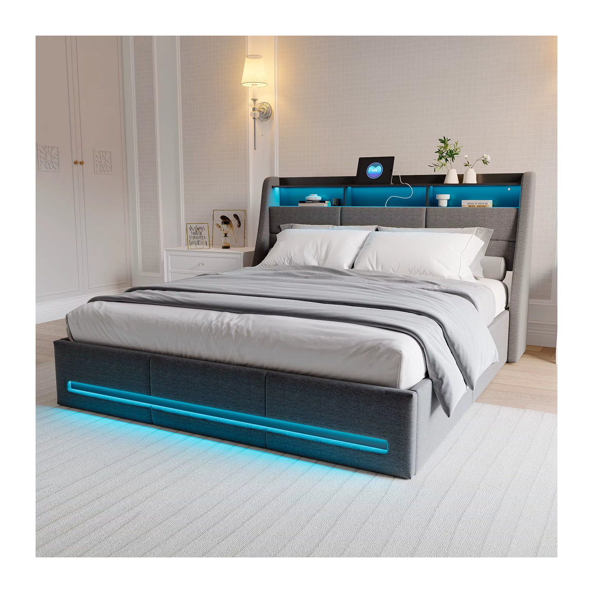 Rosahqnda Polsterbett in Rosa und Grau mit Stauraum, LED-Kopfteil und USB-Ladefunktion, B/T/H: 140 x 200 cm, modernes Funktionsbett aus Stoff - Bild 6