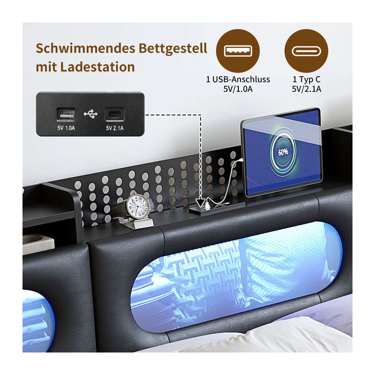 Rosahqnda Polsterbett in Schwarz mit LED-Lichtleiste, USB-Ladefunktion und Stauraum aus Kunstleder, B/T/H: 140 x 200 cm - Bild 2