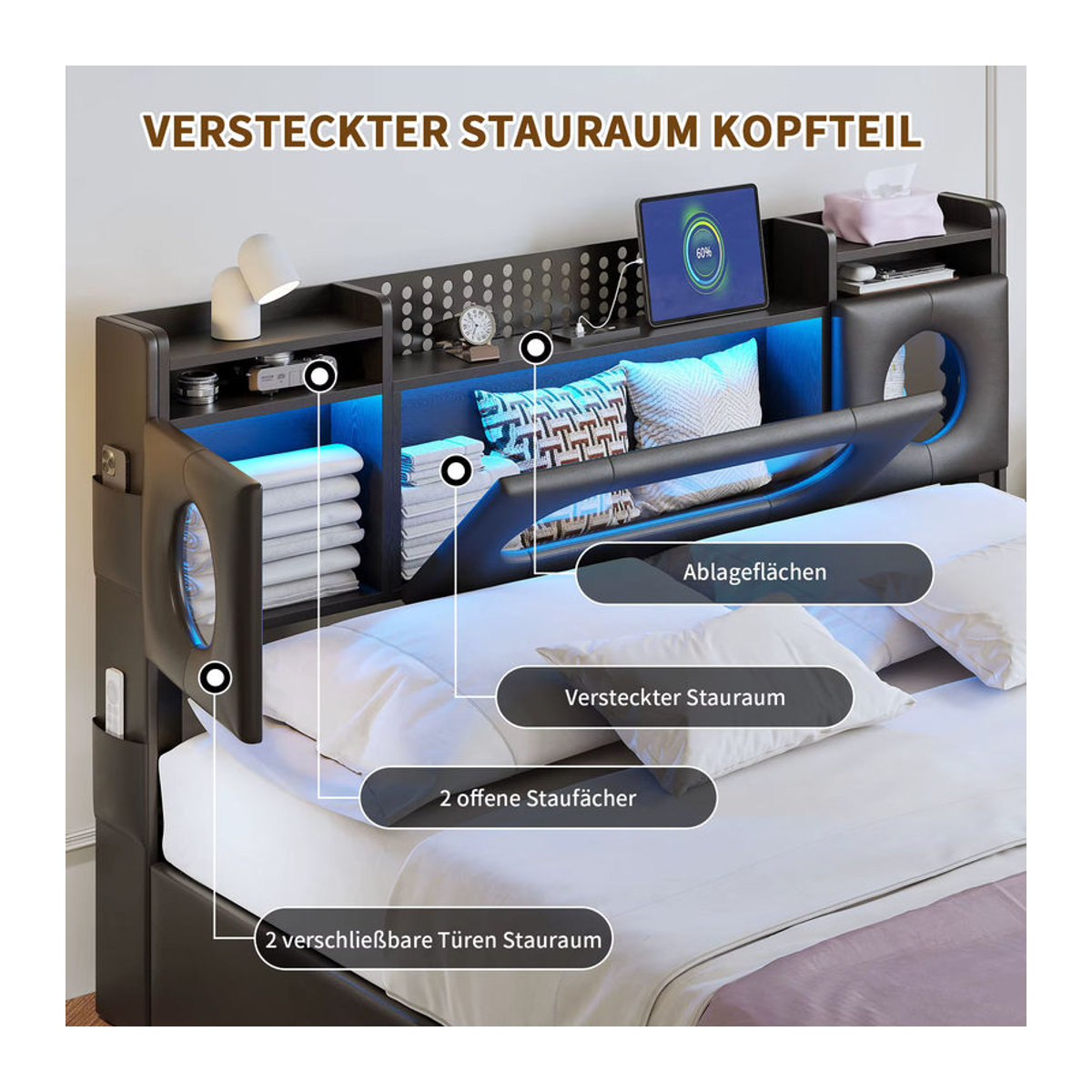 Rosahqnda Polsterbett in Schwarz mit LED-Lichtleiste, USB-Ladefunktion und Stauraum aus Kunstleder, B/T/H: 140 x 200 cm - Bild 3