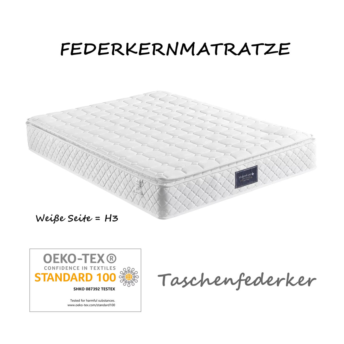 Rosahqnda Taschenfederkernmatratze mit 7-Zonen Kaltschaum, Härtegrad H3, Höhe: 25 cm, Farbe: Weiß - Bild 2