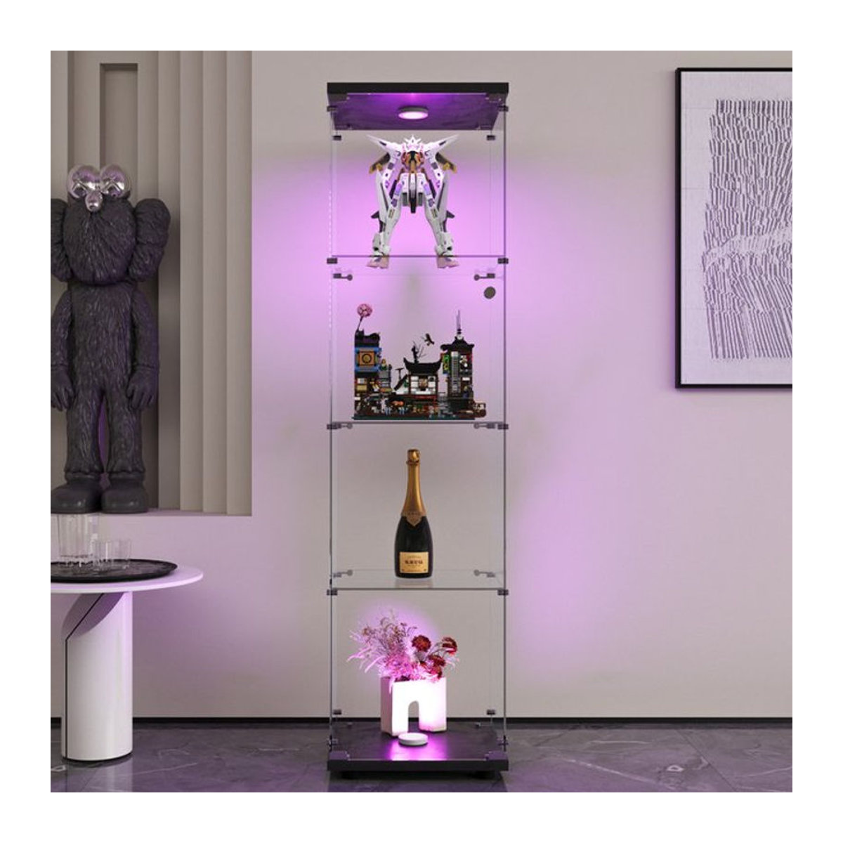 Rosahqnda Vitrinenschrank aus Glas mit LED-Licht, moderne 4-Schicht-Glasvitrine für Wohnzimmer, Schlafzimmer oder Bar in Weiß oder Schwarz - Bild 1