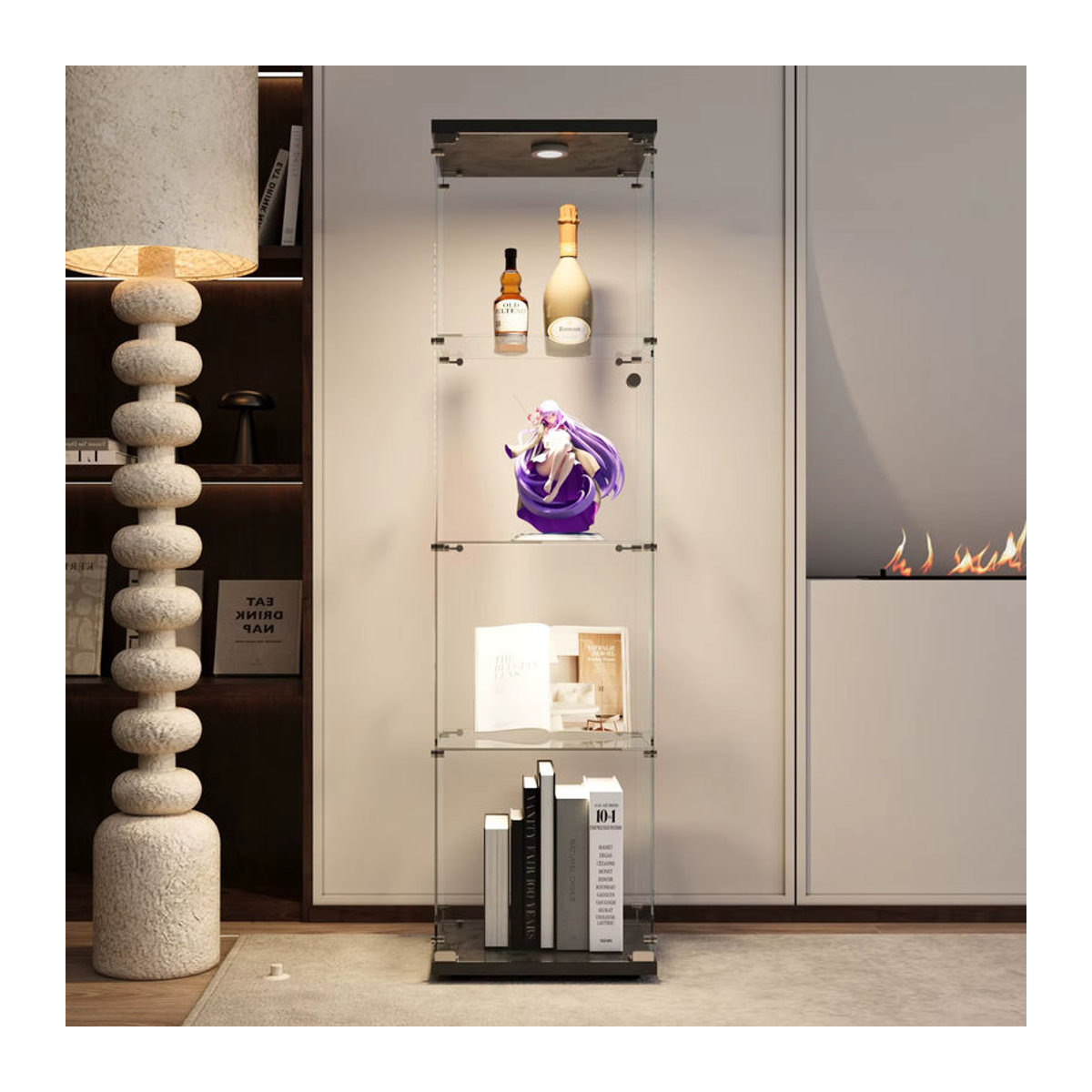 Rosahqnda Vitrinenschrank aus Glas mit LED-Licht, moderne 4-Schicht-Glasvitrine für Wohnzimmer, Schlafzimmer oder Bar in Weiß oder Schwarz - Bild 3