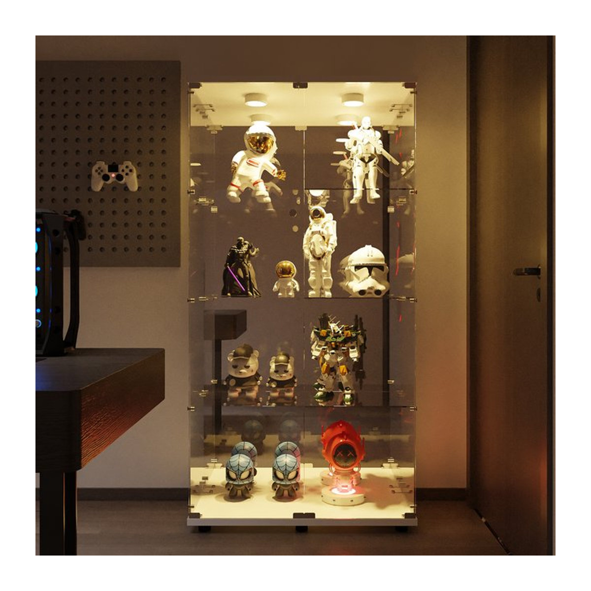 Rosahqnda Vitrinenschrank mit LED und Glas, 4-stufig, modern, Weiß/Schwarz - Bild 1