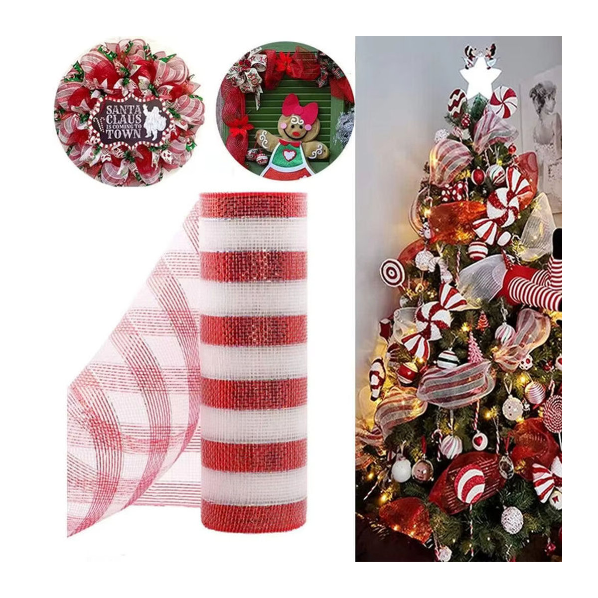 Rot-weiß gestreiftes Weihnachts-Meshband aus Textil für DIY-Dekorationen, Breite: 26 cm - Bild 5
