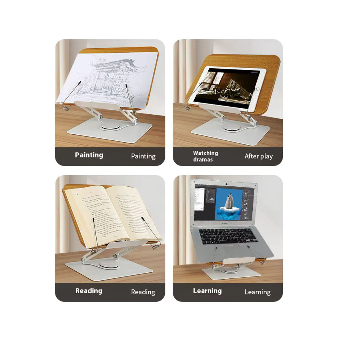Rotary Multifunktionaler Buchständer und Tablet-Stützständer in Holzoptik und Schwarz für Kinder und Desktop - Bild 3