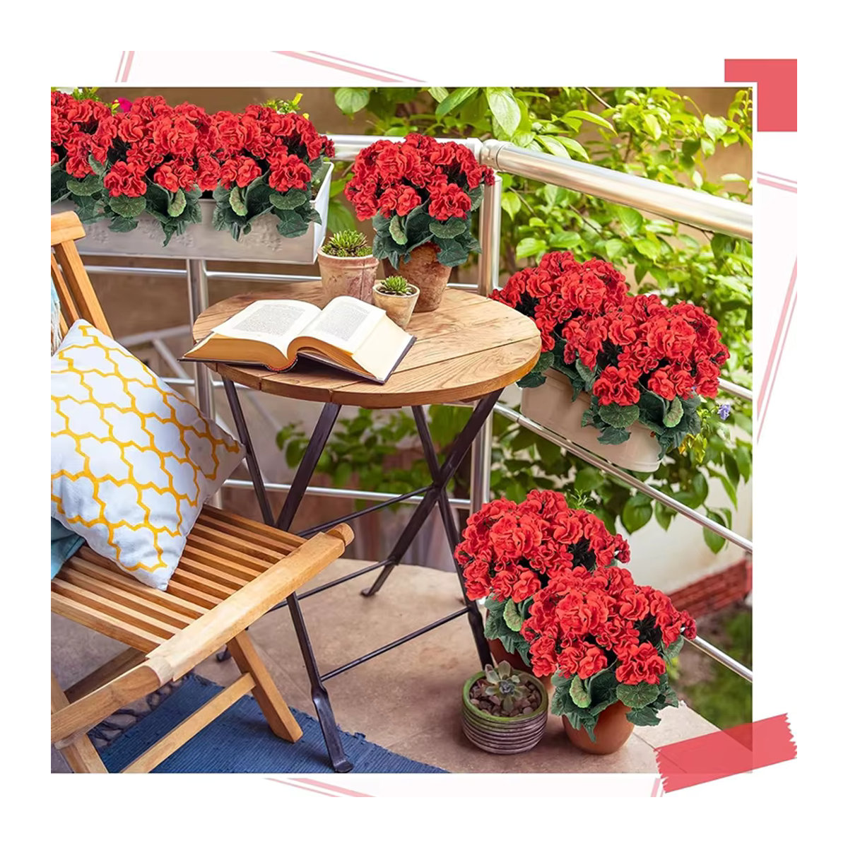 Rote künstliche Geranienblume aus Seide, 35 cm hohe Textilblume für deine Tischdekoration oder als Gartendekoration - Bild 4
