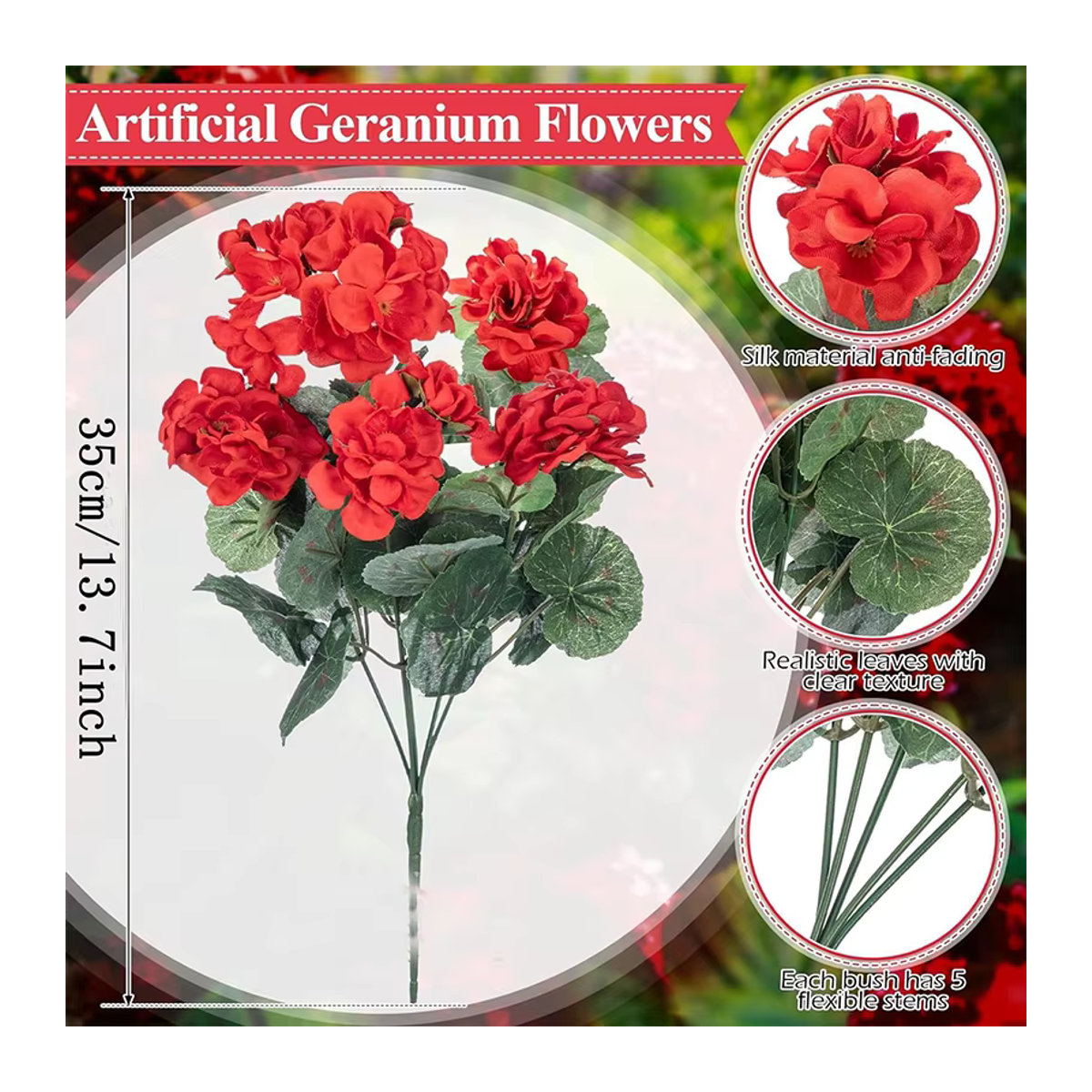 Rote künstliche Geranienblume aus Seide, 35 cm hohe Textilblume für deine Tischdekoration oder als Gartendekoration - Bild 6