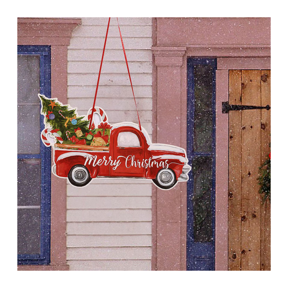 Roter Weihnachts-Türhänger aus Papier mit LKW-Motiv im Vintage-Design als hängende Dekoration - Bild 3
