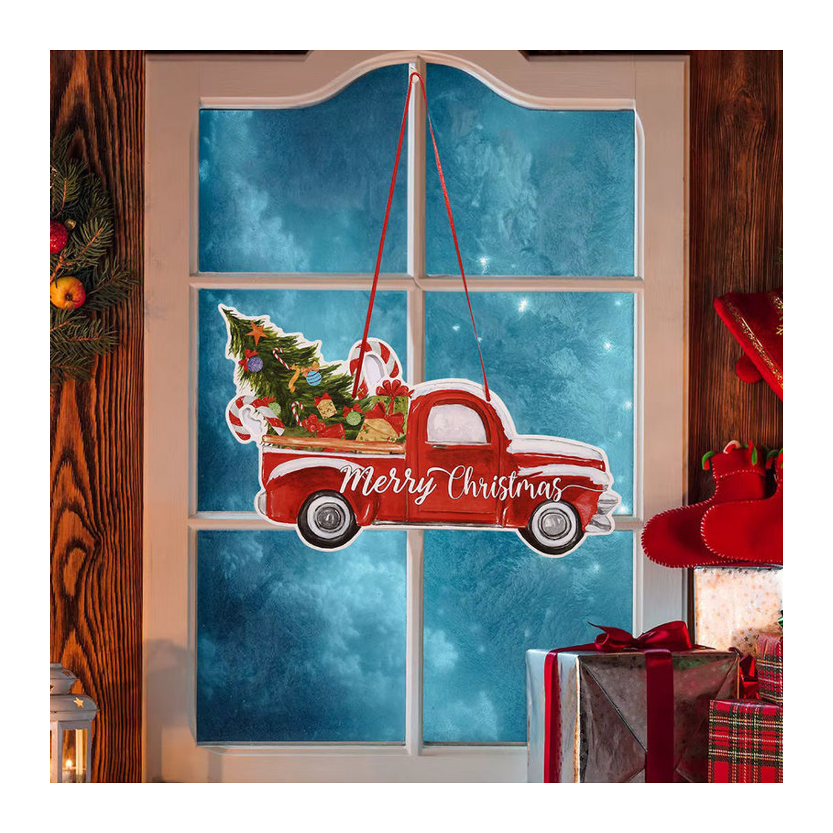 Roter Weihnachts-Türhänger aus Papier mit LKW-Motiv im Vintage-Design als hängende Dekoration - Bild 5