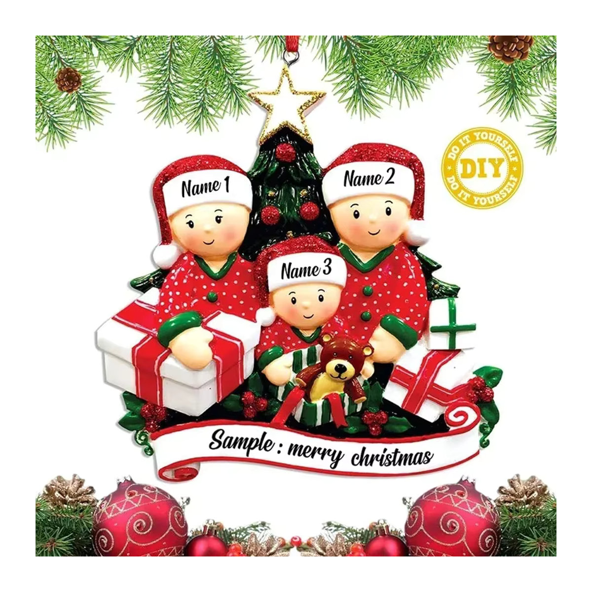 Rotes Weihnachts-Hängeornament aus Kunstharz mit Schriftzug für deinen Weihnachtsbaum und zur Neujahrsdekoration - Bild 3