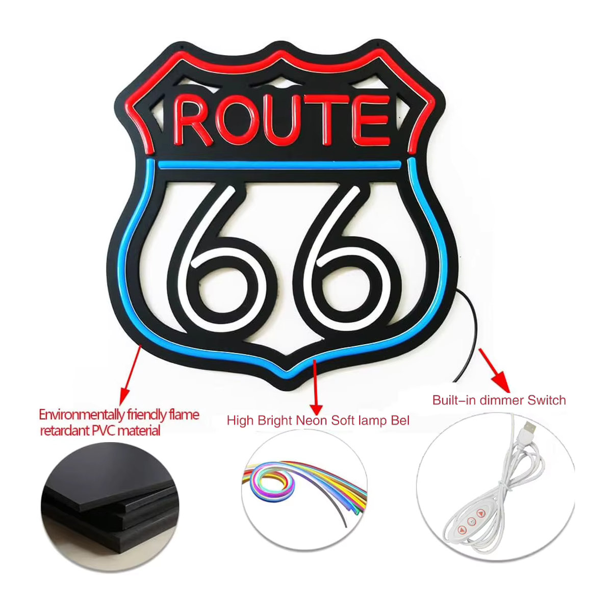 Route 66 Neon LED Wandleuchte in Bunt im Retro-Design für deine Raumdekoration - Bild 2