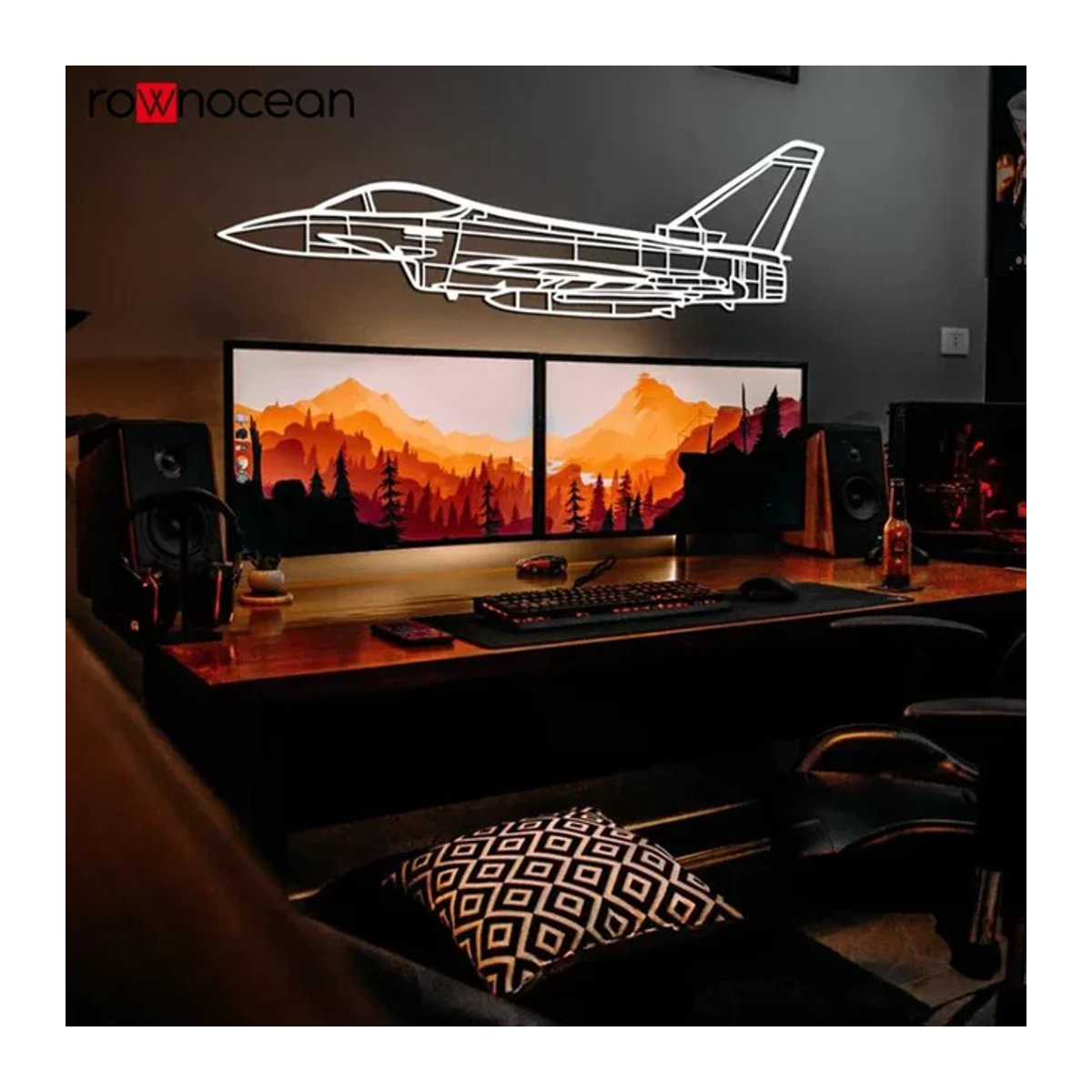 ROWNOCEAN Eurofighter Silhouette Wanddekoration in Grau und Weiß, modernes Militärflugzeug Wandbild für Erwachsene - Bild 1